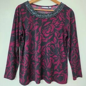 Susan Graver Liquid Knit Embellished Top Sz M Dark Floral‎ Chain Stretch Blouse